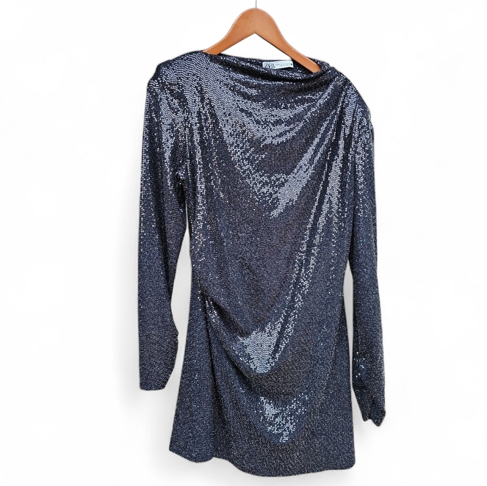 Zara Sparkly Padded Drapped Sequin Long Sleeve Mini Dress Size XXL (XL Fit)